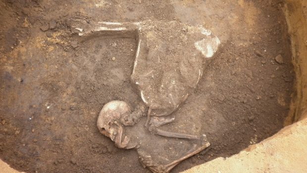 Kostra ženy stará asi tři tisíce let, kterou objevili archeologové v Polešovicích