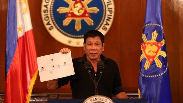 Filipínský prezident Rodrigo Duterte se schématem drogových kartelů v zemi