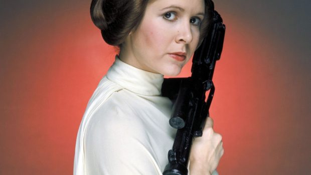Carrie Fisherová jako princezna Leia s charakteristickým účesem