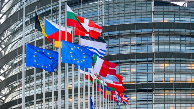 Vlajky členských států Evropské unie před budovou Evropské parlamentu ve Štrasburku