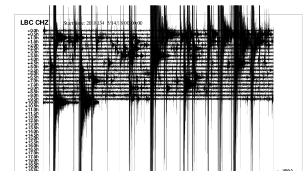 Záznam seismografické stanie v Lubech u Chebu v pondělí dopoledne.