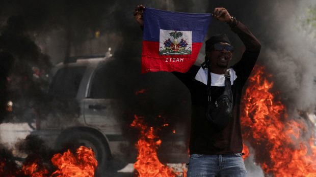 Demonstrant držící haitskou vlajku