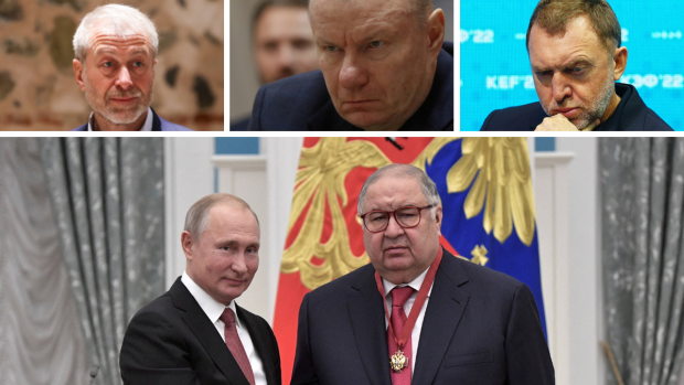 Horní řada zleva: Roman Abramovič, Vladimir Potanin a Oleg Děripaska. Spodní řada zleva: Vladimir Putin a Ališer Usmanov