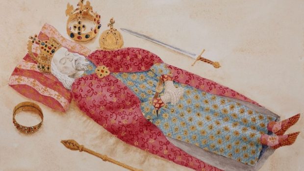 Karel IV. na katafalku rekonstrukce pohřební výbavy a oděvu Karla IV. (Kresba)
