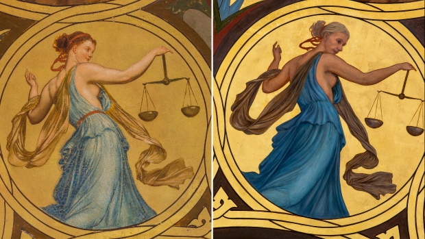 Postava symbolizující znamení Vah na kalendáriu Staroměstského orloje (vlevo originál, vpravo kopie)