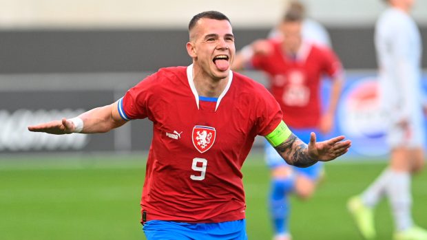 Václav Sejk se raduje ze vstřeleného gólu v zápase proti Islandu