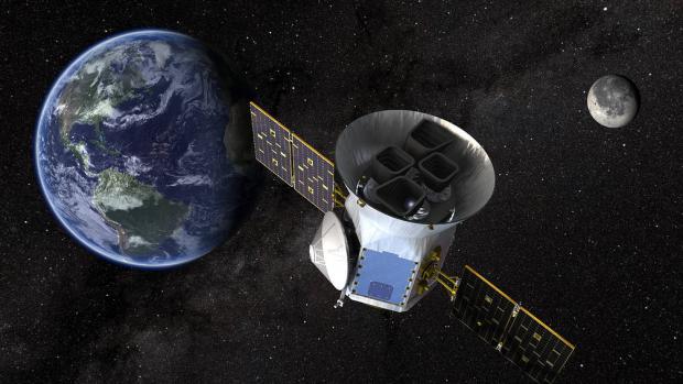 Ilustrační znázornění průzkumného satelitu NASA Transiting Exoplanet Survey Satellite (TESS).