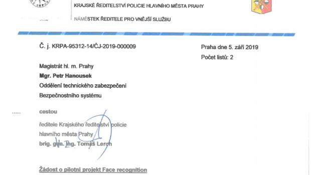 dopis policie pražskému magistrátu ohledně rozpoznávání obličejů