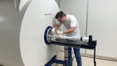 Dominik Havlíček umisťuje uspaného laboratorního potkana do nového experimentálního MR spektrometru