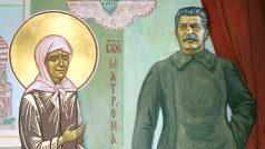 Pravoslavná ikona zobrazující Josifa Stalina stojícího před blahoslavenou Matronou Moskevskou
