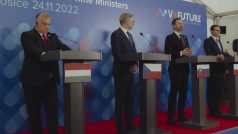 Summit V4 ve slovenských Košicích. Zleva Viktor Orbán, Petr Fiala, Eduard Heger a Mateusz Morawiecki