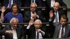 Schváleno - Právo a spravedlnost v Sejmu schválilo kritizovanou reformu nejvyššího soudu. Veprostřed předseda strany Jarosław Kaczyński, vpravo ministr vnitra Mariusz Błaszczak