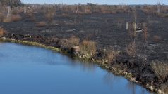 Ohněm zničená oblast v „zakázané zóně“ v okolí elektrárny Černobyl.