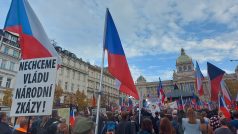 Mnoho lidí má na protivládní demonstraci české vlajky, drží transparenty proti vládě, válce i Evropské unii