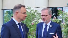 Český premiér Petr Fiala (ODS) a polský prezident Andrzej Duda