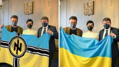 Po internetu se třeba šíří upravená fotografie českých politiků držících ukrajinskou vlajku. Zatímco vpravo je originál, vlevo někdo na vlajku doplnil znak pluku Azov