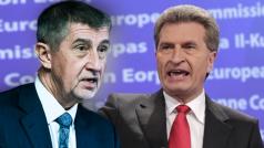 Andrej Babiš (ANO) a eurokomisař pro rozpočet Günther Oettinger. (koláž)