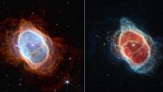 Snímek NASA zobrazuje jižní prstencovou mlhovinu v blízkém infračerveném světle (vlevo) a ve středním infračerveném světle (vpravo)