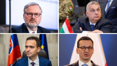 Premiéři zemí V4: český Petr Fiala, maďarský Viktor Orbán, slovenský Ľudovít Ódor a polský Mateusz Morawiecki
