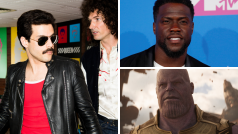 Ze snímku Bohemian Rhapsody (vlevo), komik Kevin Hart (vpravo nahoře) a foto z filmu Avengers: Infinity War (vpravo dole)