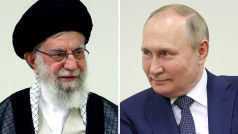 Íránský duchovní vůdce ajatolláh Alí Chameneí a ruský prezident Vladimir Putin