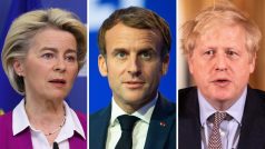 Ursula von der Leyenová, Emmanuel Macron a Boris Johnson