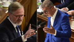 Petr Fiala (ODS) a Andrej Babiš (ANO) během jednání ve sněmovně