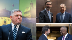 Slovenský premiér Robert Fico (vlevo) a schůzky ministrů zahraničí Juraje Blanára a Sergeje Lavrova (vpravo nahoře) a ministrů obrany Roberta Kaliňáka a Lloyda Austina