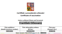 Vzorový certifikát o provedeném očkování proti covid-19.