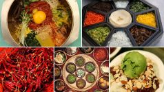 Pestré barvy korejské kuchyně. Seshora po směru hodinových ručiček: pibimbap, kudžolpchan, pingsu, čapčche, pulkoki, kimčchidžon, chilli papričky, zeleninové misky chrámové kuchyně.