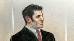 Kresba Davida Carricka z britského korunního soudu, kde byl odsouzen na doživotí