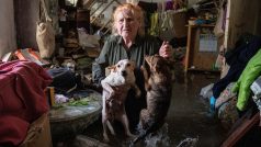 Chersonská obyvatelka Tetiana zachraňuje v náručí své domácí mazlíčky