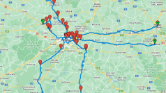 Mapa vyznačující trasy, kterými přijede část zemědělců na protest do Prahy
