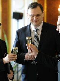 Nový ministr životního prostředí Tomáš Chalupa, premiér Petr Nečas a prezident Václav Klaus