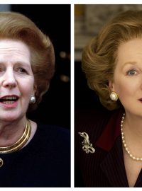 Vlevo na snímku je skutečná Margaret Thatcherová a vpravo herečka Meryl Streepová v hlavní roli filmu Železná lady.