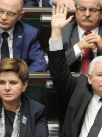 Polská premiérka Beata Szydlová a šéf polských konzervativců Jaroslaw Kaczyńský