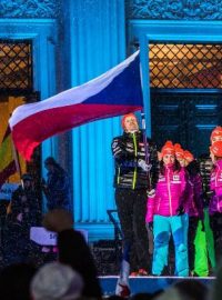 Česká biatlonová reprezentace během zahajovacího ceremoniálu před MS v Oslu