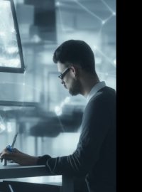 Obrázek vytvořený neuronovou sítí Stable Diffusion na základě zadání &quot;Man writing on computer in the office, AI, robotic, matte painting, HQ, 4k“