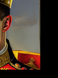 Max Verstappen. Fiktivní portrét vytvořený neuronovou sítí Stable Diffusion na základě zadání „portrait of Max Verstappen as a king with a crown, proud and self confident, Dutch Golden Age painting“