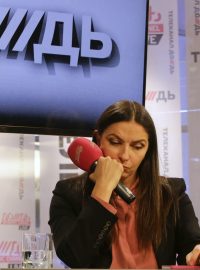 Zakladatelka a většinová majitelka TV Dožď Natalia Sindějeva na tiskové konferenci v Moskvě, 2014