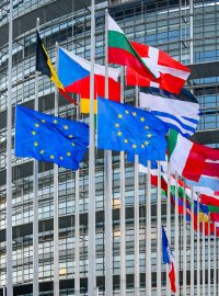 Vlajky členských států Evropské unie před budovou Evropské parlamentu ve Štrasburku