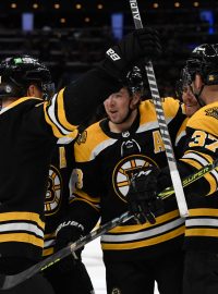 Hokejisté Bostonu Bruins slaví gól Davida Pastrňáka