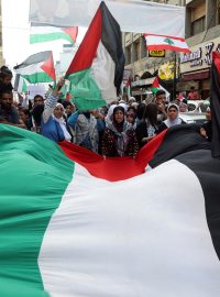 Lidé nesou vlajky během pochodu na vyjádření solidarity s Palestinci v Gaze