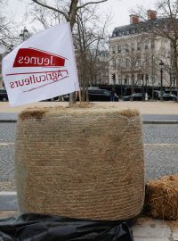 Sláma leží na chodníku v den protestu zemědělců proti cenovým tlakům, daním a ekologickým regulacím, které sdílejí zemědělci v celé Evropě, v Paříži