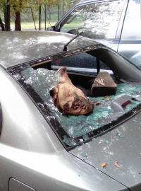 Vymlácené okno auta moskevského zastupitele Vitalije Treťuchina