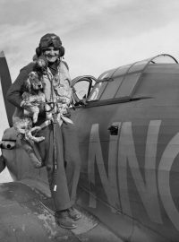 Bohumil Fürsta zvěčněný na křídle stíhačky Hurricane s maskotem jednotky, anglickým kokršpanělem Rekem