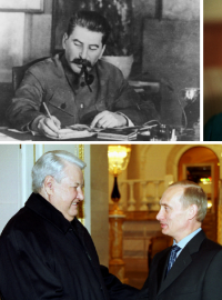 Někteří ze sovětských a ruských vůdců. Josif Stalin, Michail Gorbačov, Vladimir Lenin, Boris Jelcin, Vladimir Putin a Leonid Brežněv