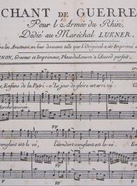 Jeden z prvních notových zápisů písně Marseillaisa (ještě pod názvem „Bojová píseň rýnské armády“)