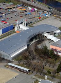 Letecký pohled na českobudějovické výstaviště.