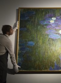 Monetův obraz Nymphéas en fleur (Lekníny v květu) v aukční síni Christie&#039;s v New Yorku.